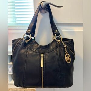 Michael Kors Black Leather Shoulder Bag with Gold Accents